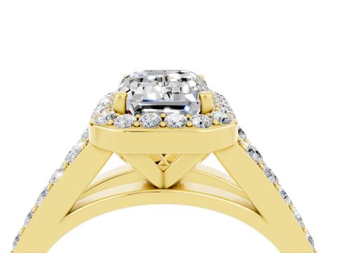Yellow gold Emerald Cut Moissanite Split Shank Halo Ring with Four-Prong Setting_16