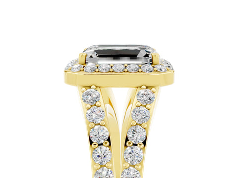 Yellow gold Emerald Cut Moissanite Split Shank Halo Ring with Four-Prong Setting_17