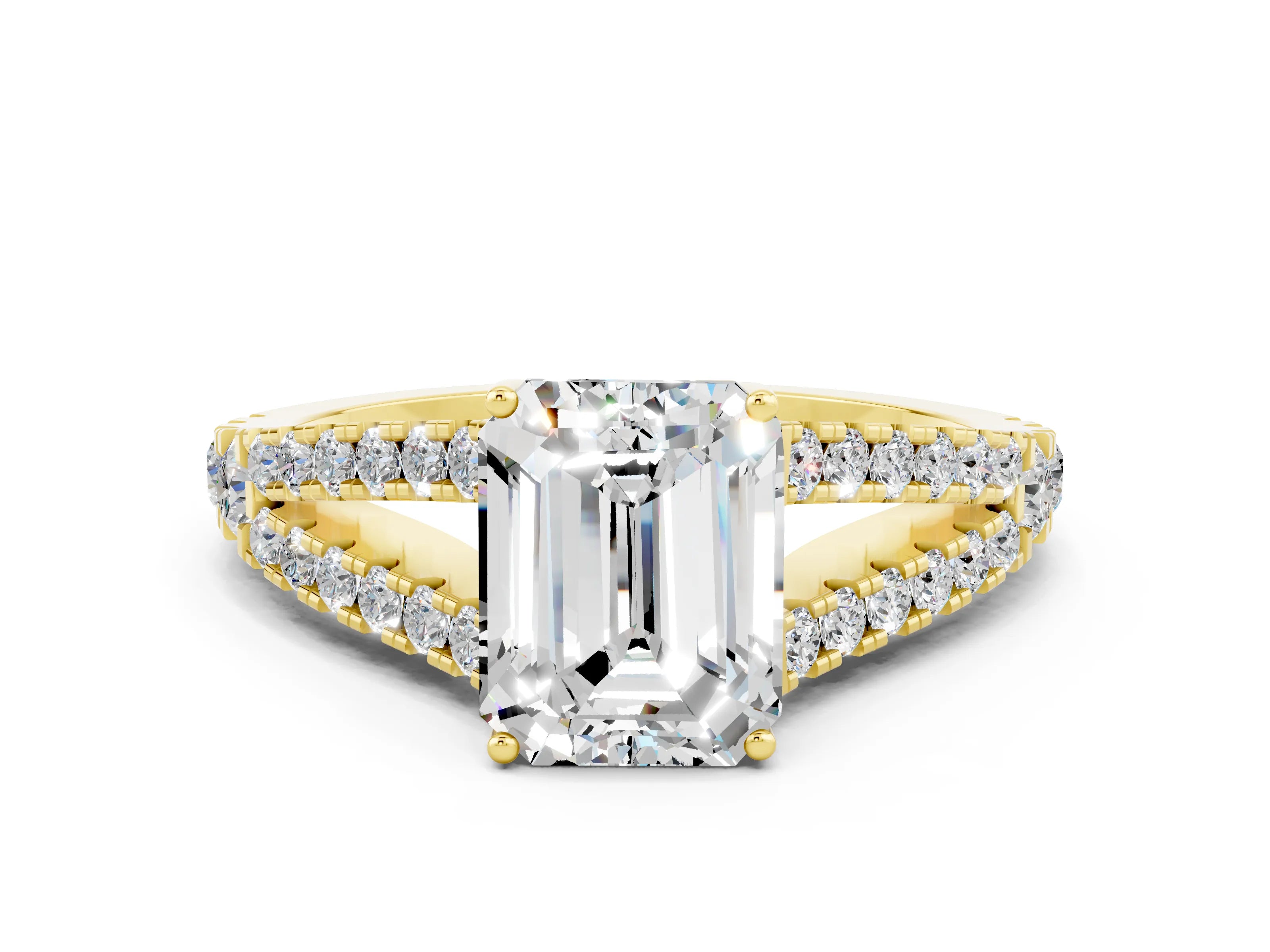 Yellow gold Emerald Cut Moissanite Split Shank Pavé Engagement Ring with Four-Prong Setting_12