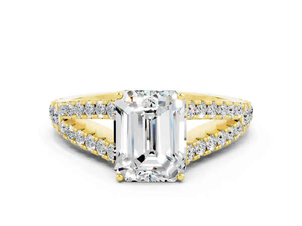 Yellow gold Emerald Cut Moissanite Split Shank Pavé Engagement Ring with Four-Prong Setting