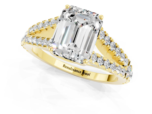 Yellow gold Emerald Cut Moissanite Split Shank Pavé Engagement Ring with Four-Prong Setting
