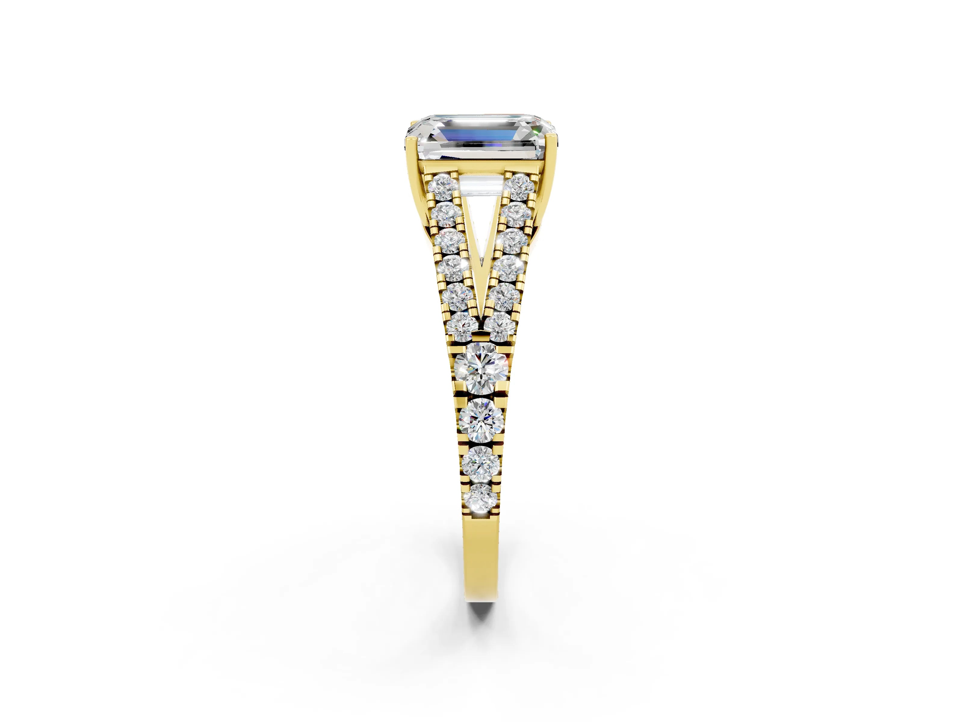 Yellow gold Emerald Cut Moissanite Split Shank Pavé Engagement Ring with Four-Prong Setting_14