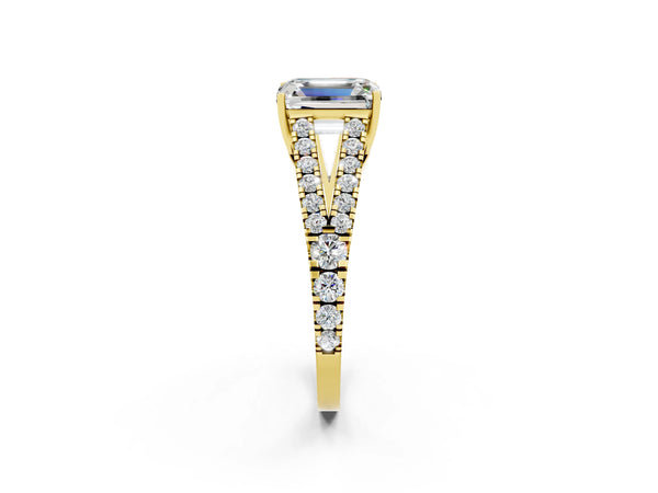 Yellow gold Emerald Cut Moissanite Split Shank Pavé Engagement Ring with Four-Prong Setting