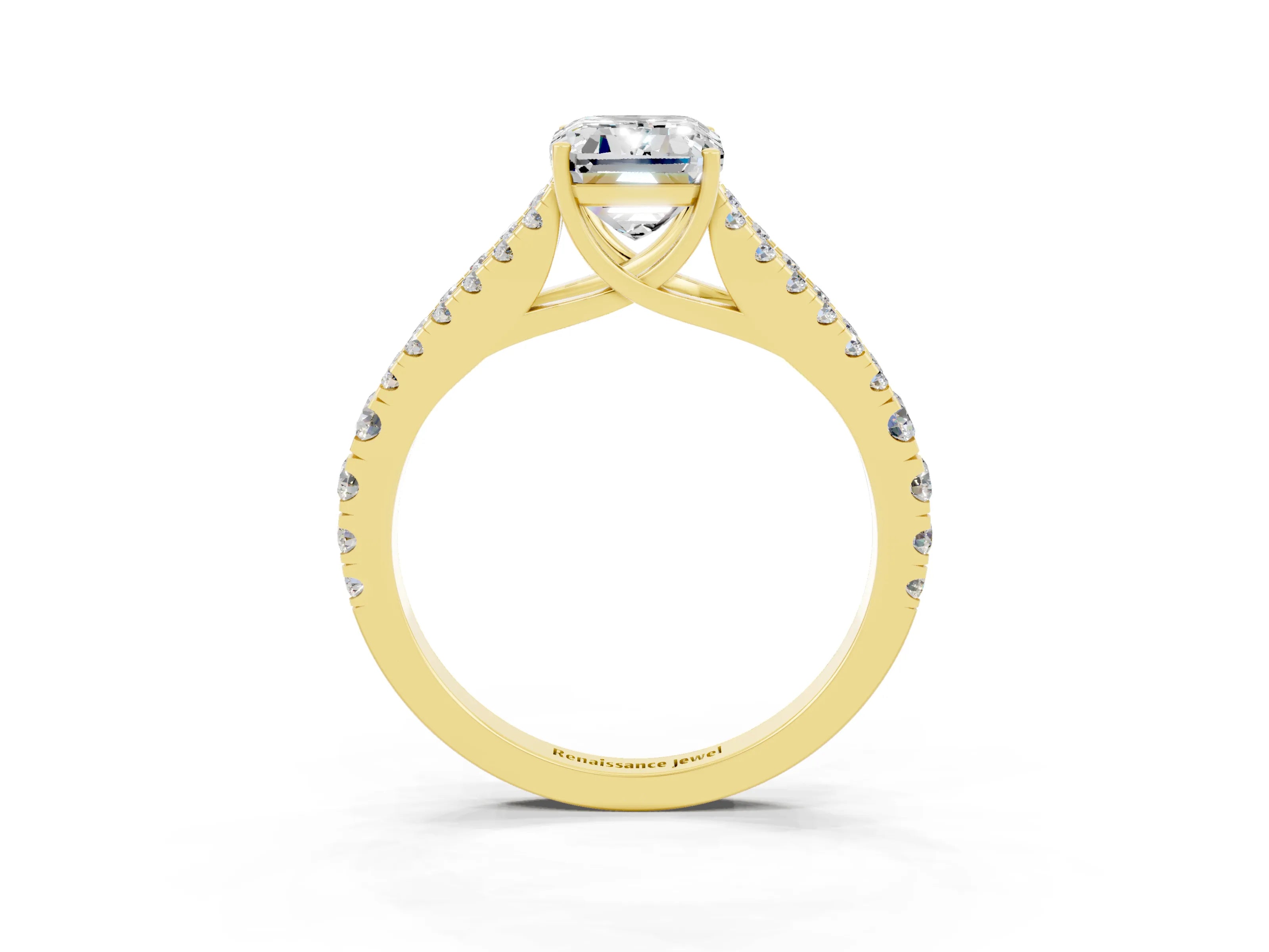 Yellow gold Emerald Cut Moissanite Split Shank Pavé Engagement Ring with Four-Prong Setting_15