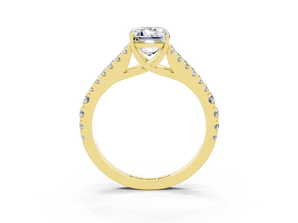Yellow gold Emerald Cut Moissanite Split Shank Pavé Engagement Ring with Four-Prong Setting