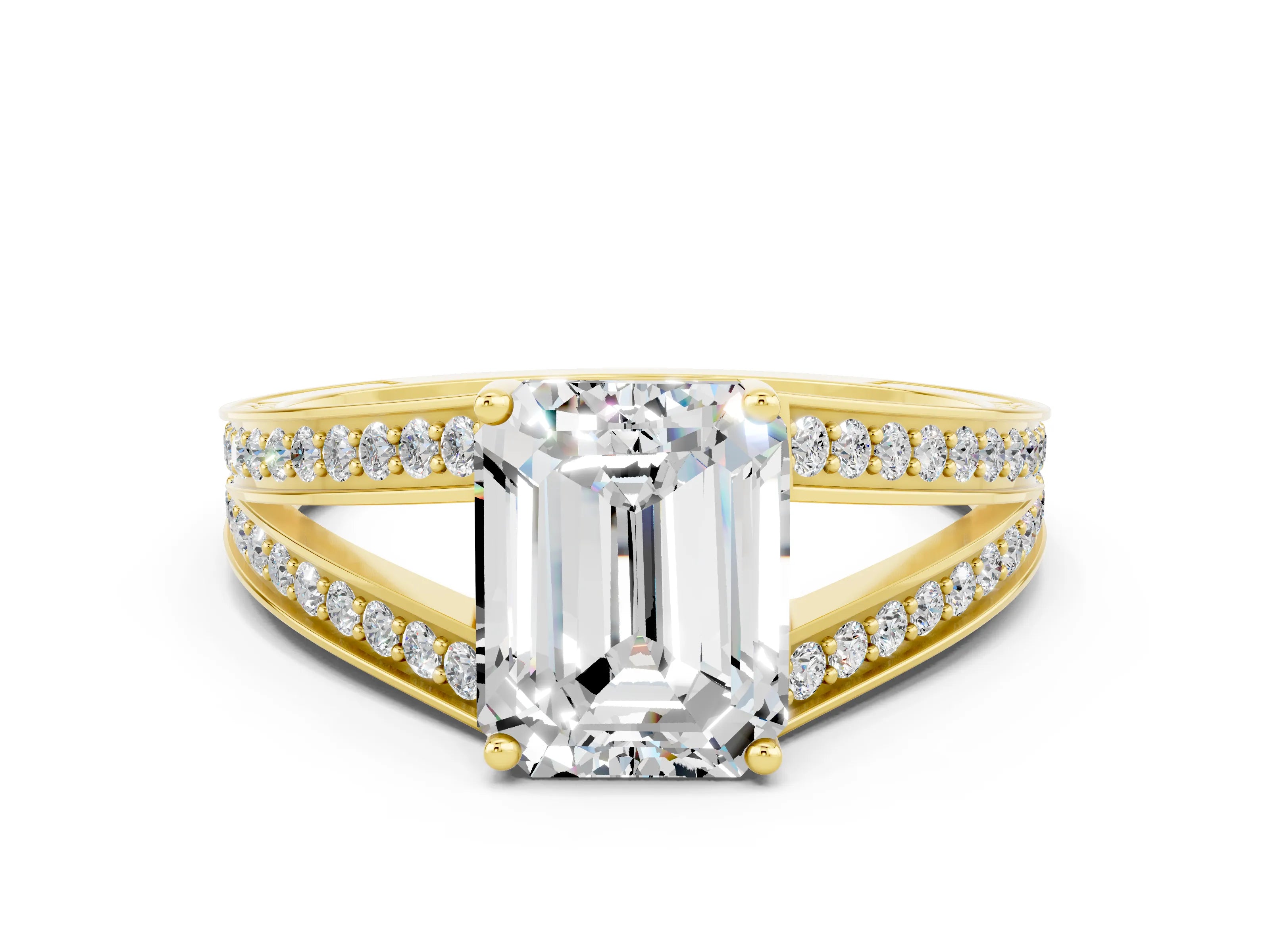 Yellow gold Emerald Cut Moissanite Split Shank Ring with Pavé Band and Four-Prong Setting