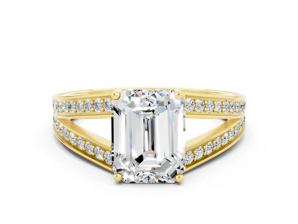 Yellow gold Emerald Cut Moissanite Split Shank Ring with Pavé Band and Four-Prong Setting