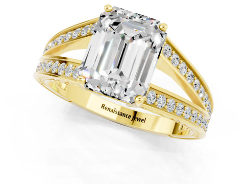 Yellow gold Emerald Cut Moissanite Split Shank Ring with Pavé Band and Four-Prong Setting_1