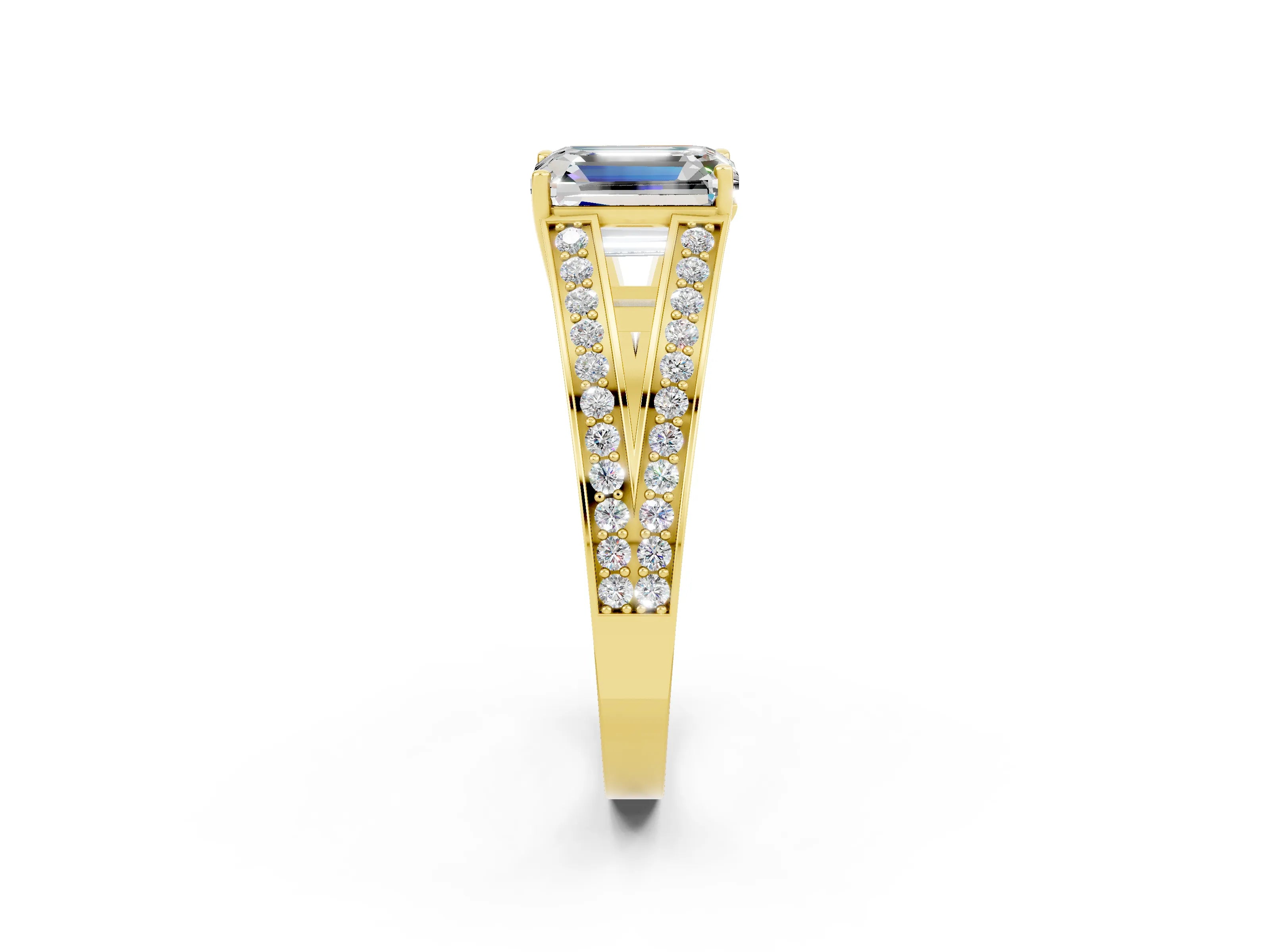 Yellow gold Emerald Cut Moissanite Split Shank Ring with Pavé Band and Four-Prong Setting_2