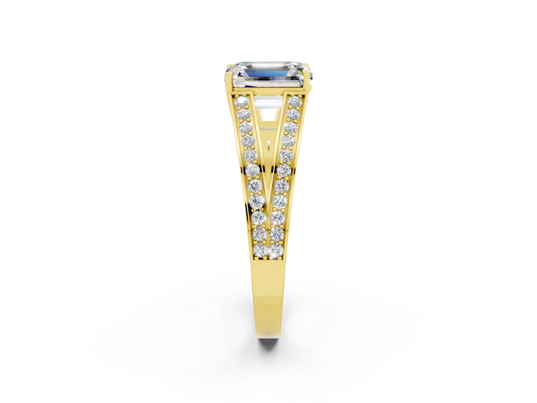 Yellow gold Emerald Cut Moissanite Split Shank Ring with Pavé Band and Four-Prong Setting