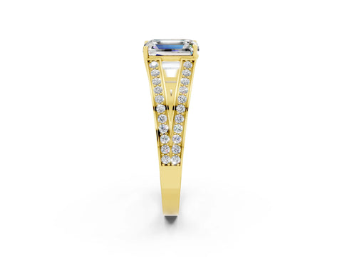 Yellow gold Emerald Cut Moissanite Split Shank Ring with Pavé Band and Four-Prong Setting_2
