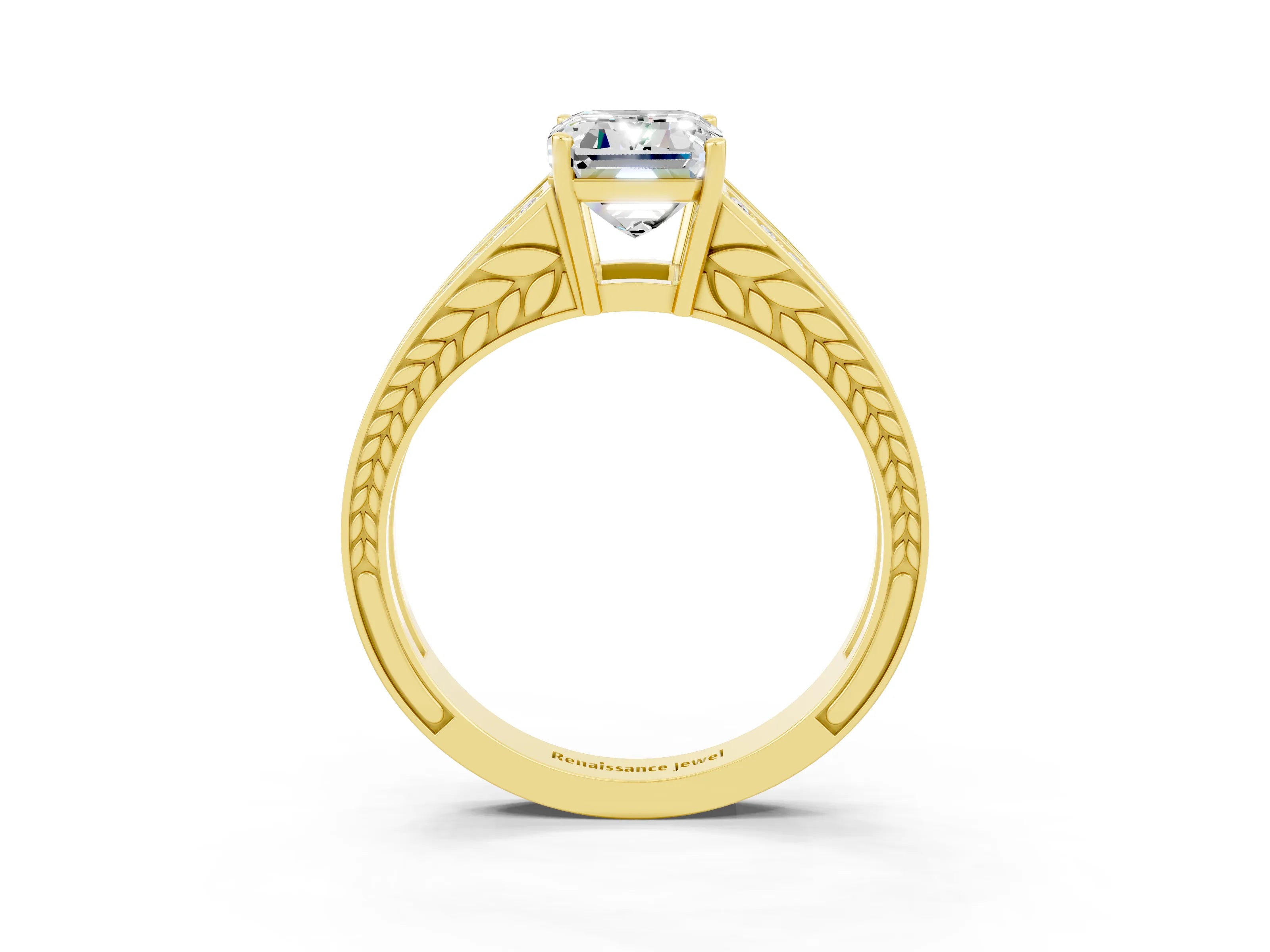 Yellow gold Emerald Cut Moissanite Split Shank Ring with Pavé Band and Four-Prong Setting_3