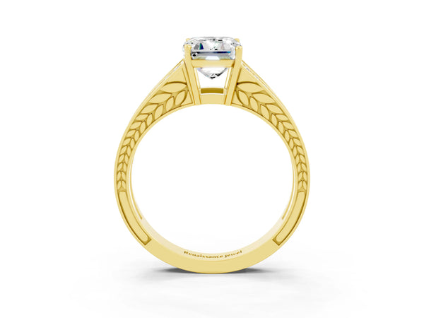 Yellow gold Emerald Cut Moissanite Split Shank Ring with Pavé Band and Four-Prong Setting