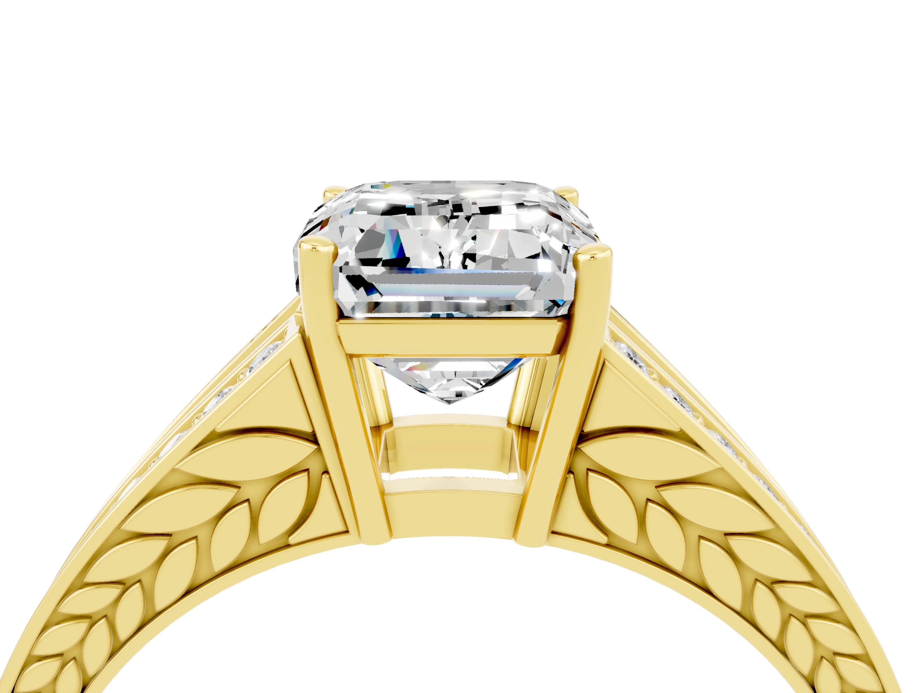 Yellow gold Emerald Cut Moissanite Split Shank Ring with Pavé Band and Four-Prong Setting_4