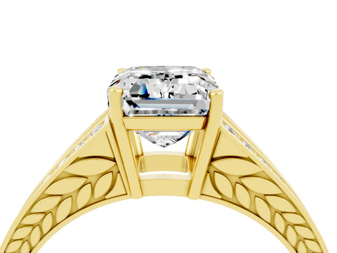 Yellow gold Emerald Cut Moissanite Split Shank Ring with Pavé Band and Four-Prong Setting_4