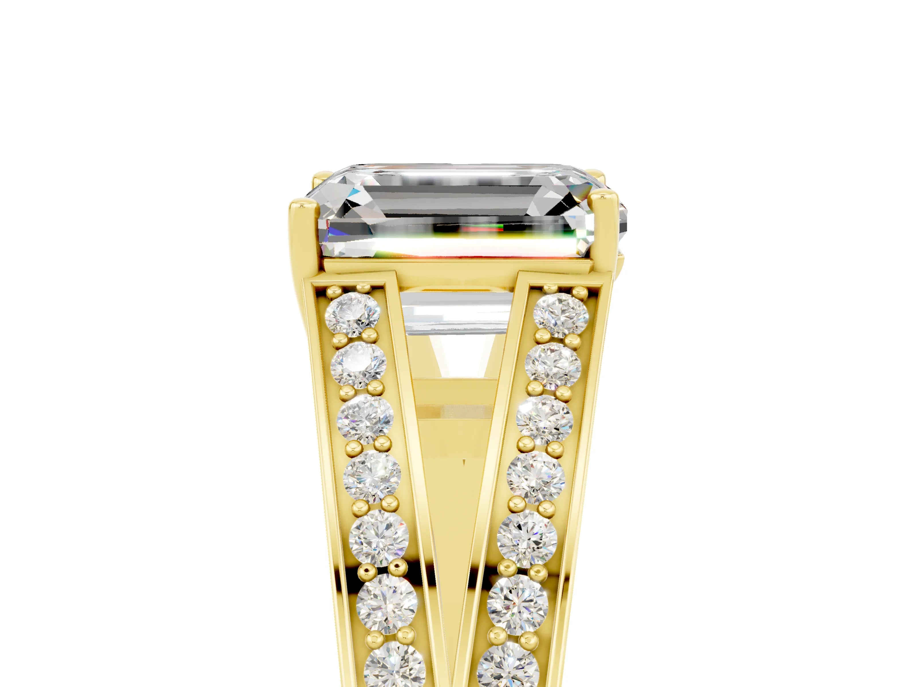 Yellow gold Emerald Cut Moissanite Split Shank Ring with Pavé Band and Four-Prong Setting_5