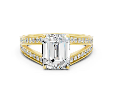 Yellow gold Emerald Cut Moissanite Split Shank Ring with Pavé Band and Four-Prong Setting