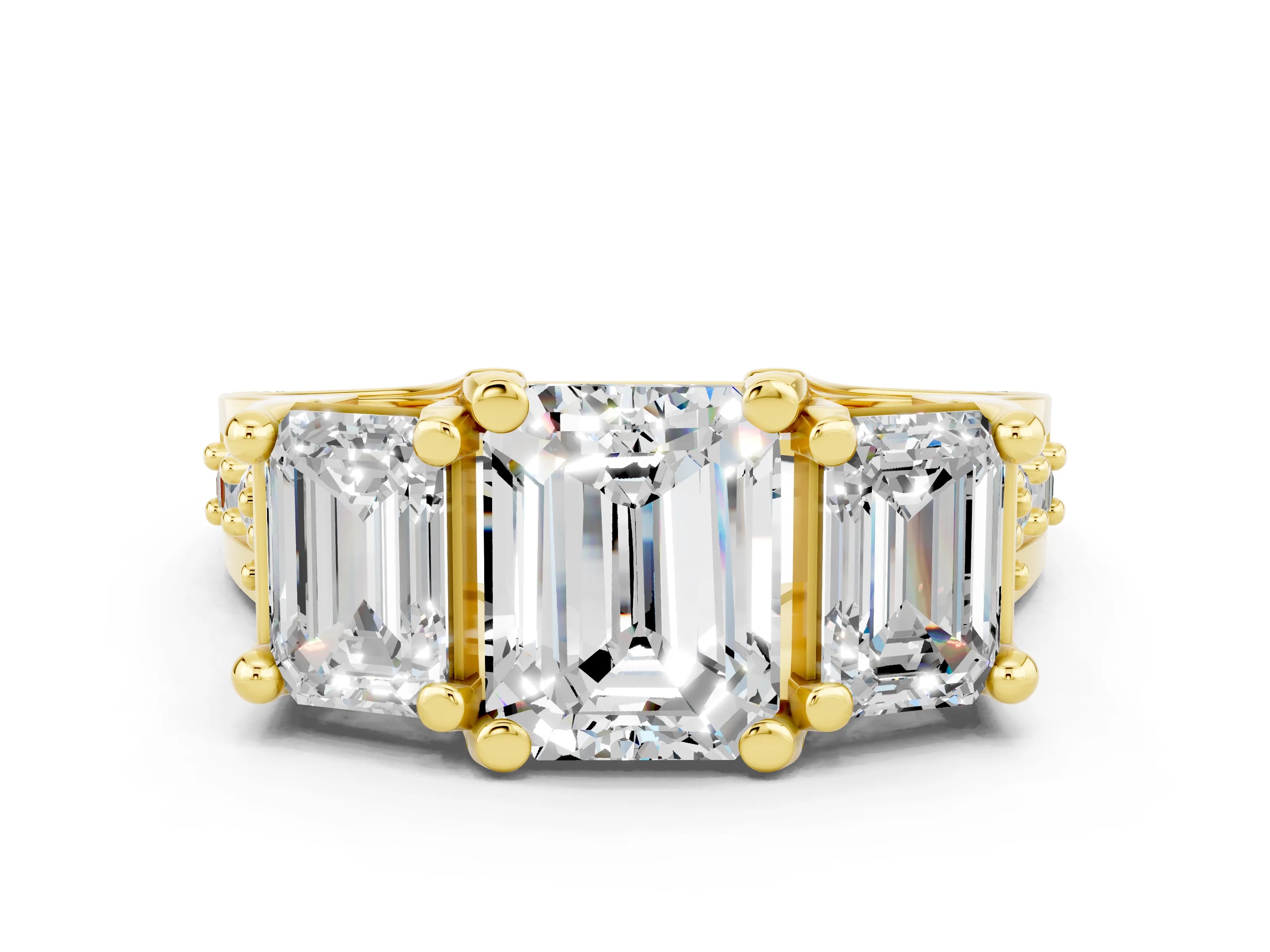 Yellow gold Emerald Cut Moissanite Three-Stone Ring with Channel Set Band and Four-Prong Setting