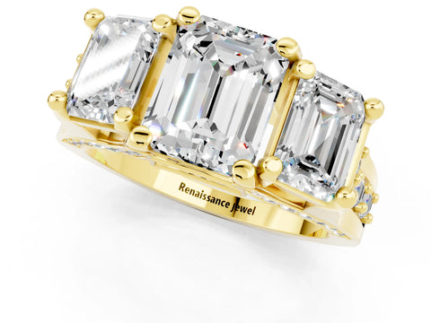Yellow gold Emerald Cut Moissanite Three-Stone Ring with Channel Set Band and Four-Prong Setting_1