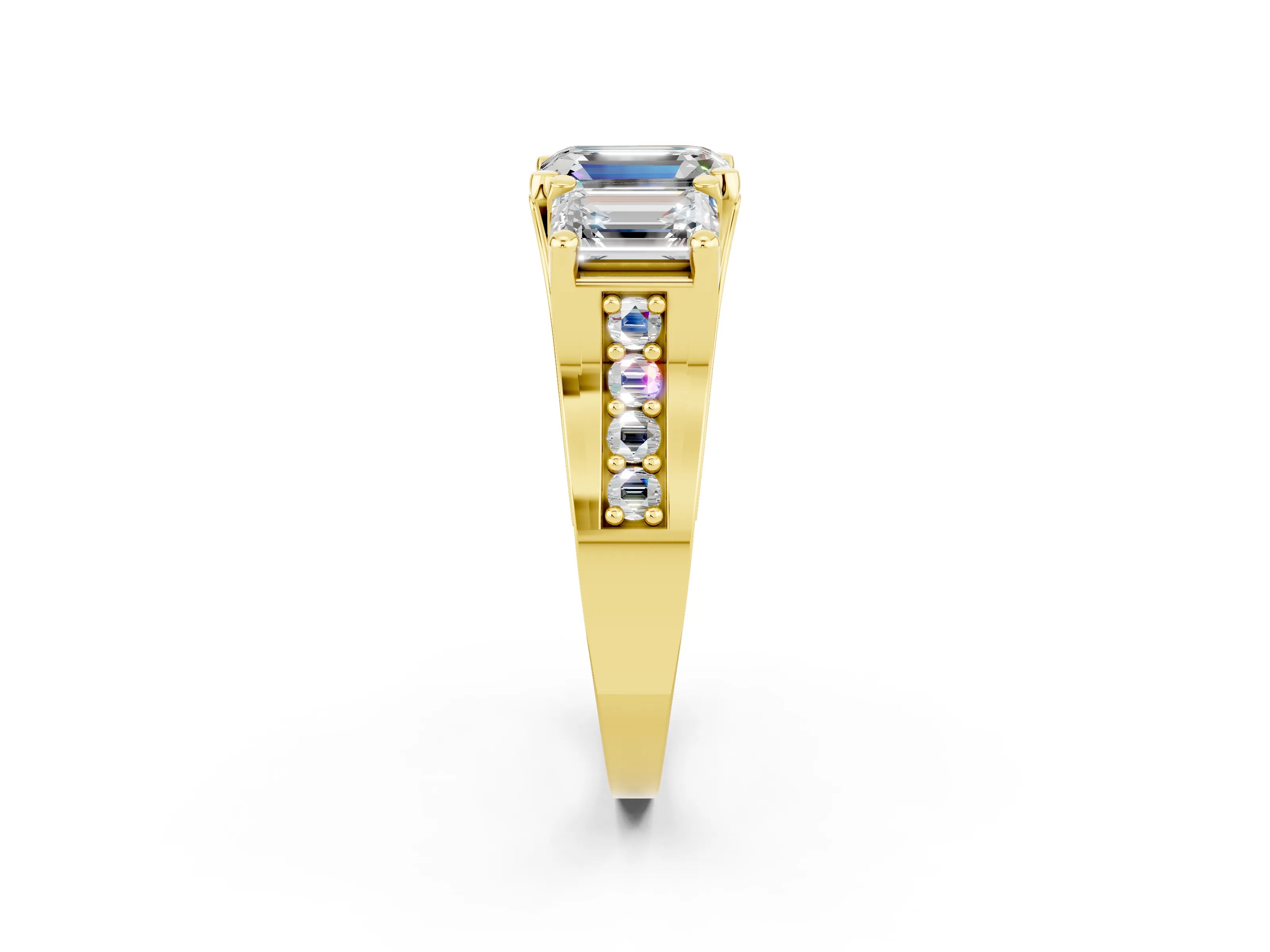 Yellow gold Emerald Cut Moissanite Three-Stone Ring with Channel Set Band and Four-Prong Setting_2