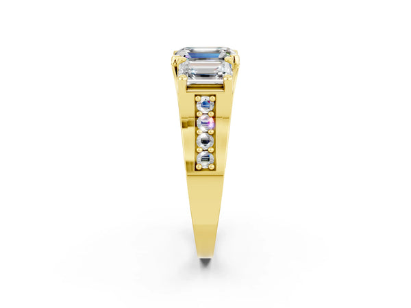 Yellow gold Emerald Cut Moissanite Three-Stone Ring with Channel Set Band and Four-Prong Setting