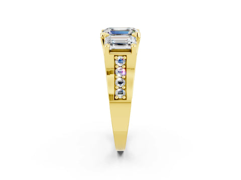 Yellow gold Emerald Cut Moissanite Three-Stone Ring with Channel Set Band and Four-Prong Setting_2