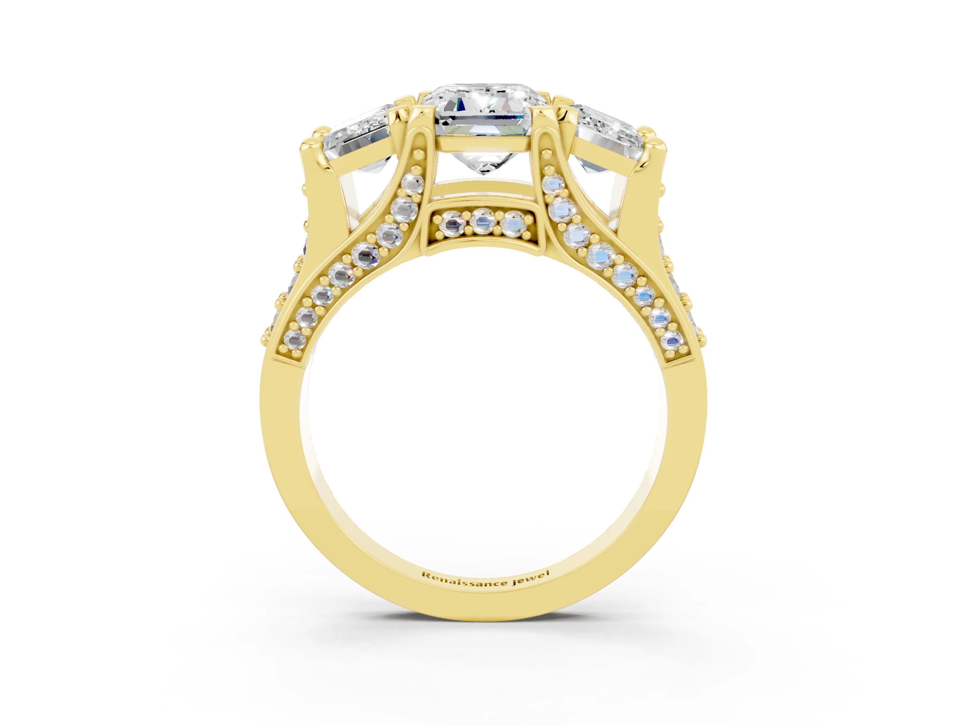 Yellow gold Emerald Cut Moissanite Three-Stone Ring with Channel Set Band and Four-Prong Setting_3