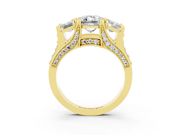 Yellow gold Emerald Cut Moissanite Three-Stone Ring with Channel Set Band and Four-Prong Setting
