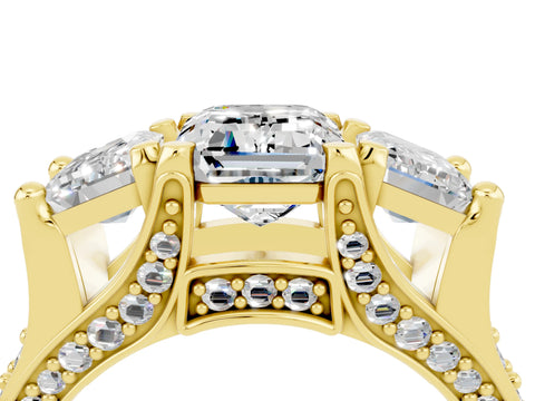 Yellow gold Emerald Cut Moissanite Three-Stone Ring with Channel Set Band and Four-Prong Setting_4
