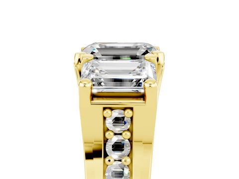 Yellow gold Emerald Cut Moissanite Three-Stone Ring with Channel Set Band and Four-Prong Setting_5