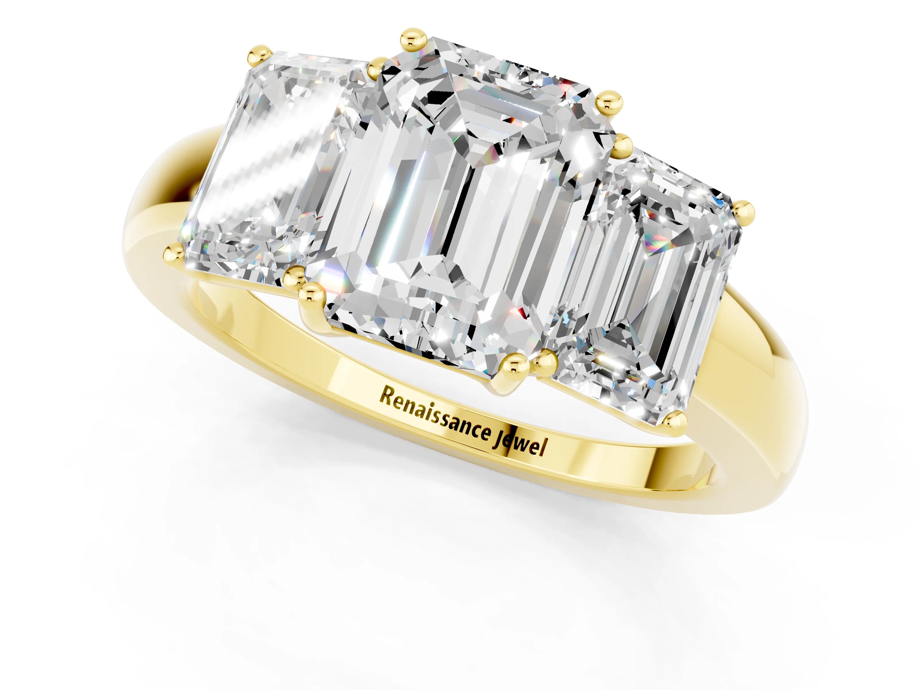 Yellow gold Emerald Cut Moissanite Three-Stone Ring with Four-Prong Setting and Classic Band_1