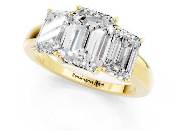 Yellow gold Emerald Cut Moissanite Three-Stone Ring with Four-Prong Setting and Classic Band