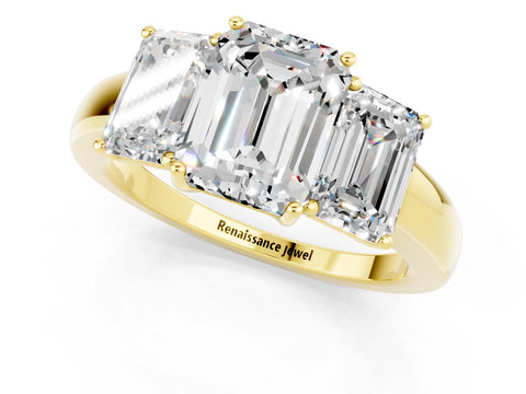 Yellow gold Emerald Cut Moissanite Three-Stone Ring with Four-Prong Setting and Classic Band_1