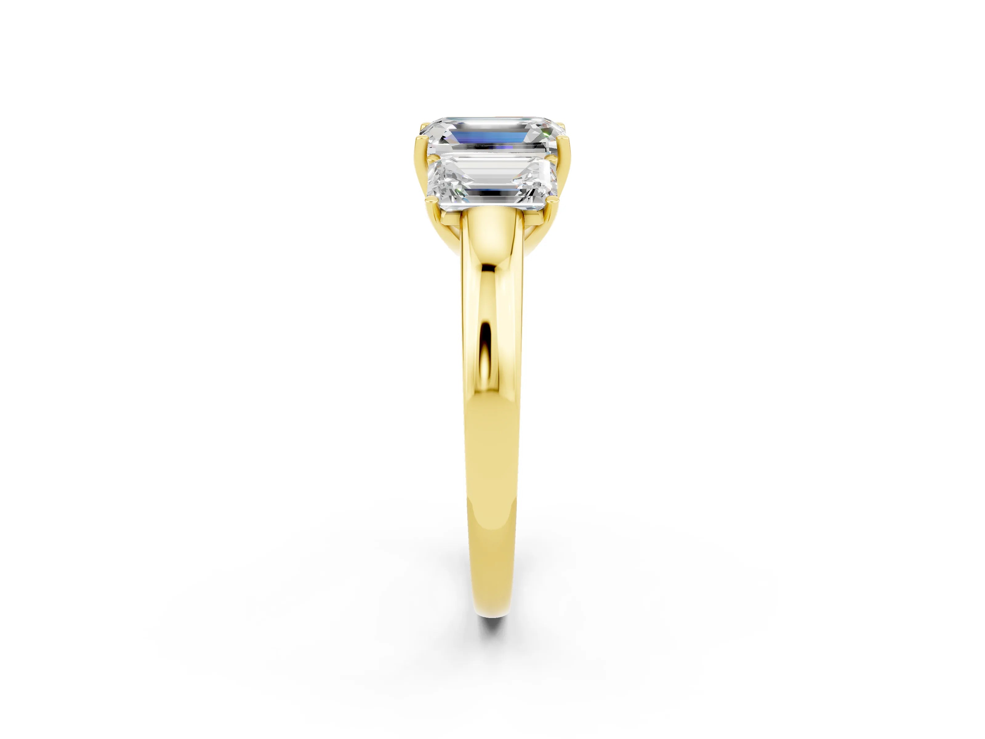 Yellow gold Emerald Cut Moissanite Three-Stone Ring with Four-Prong Setting and Classic Band_2