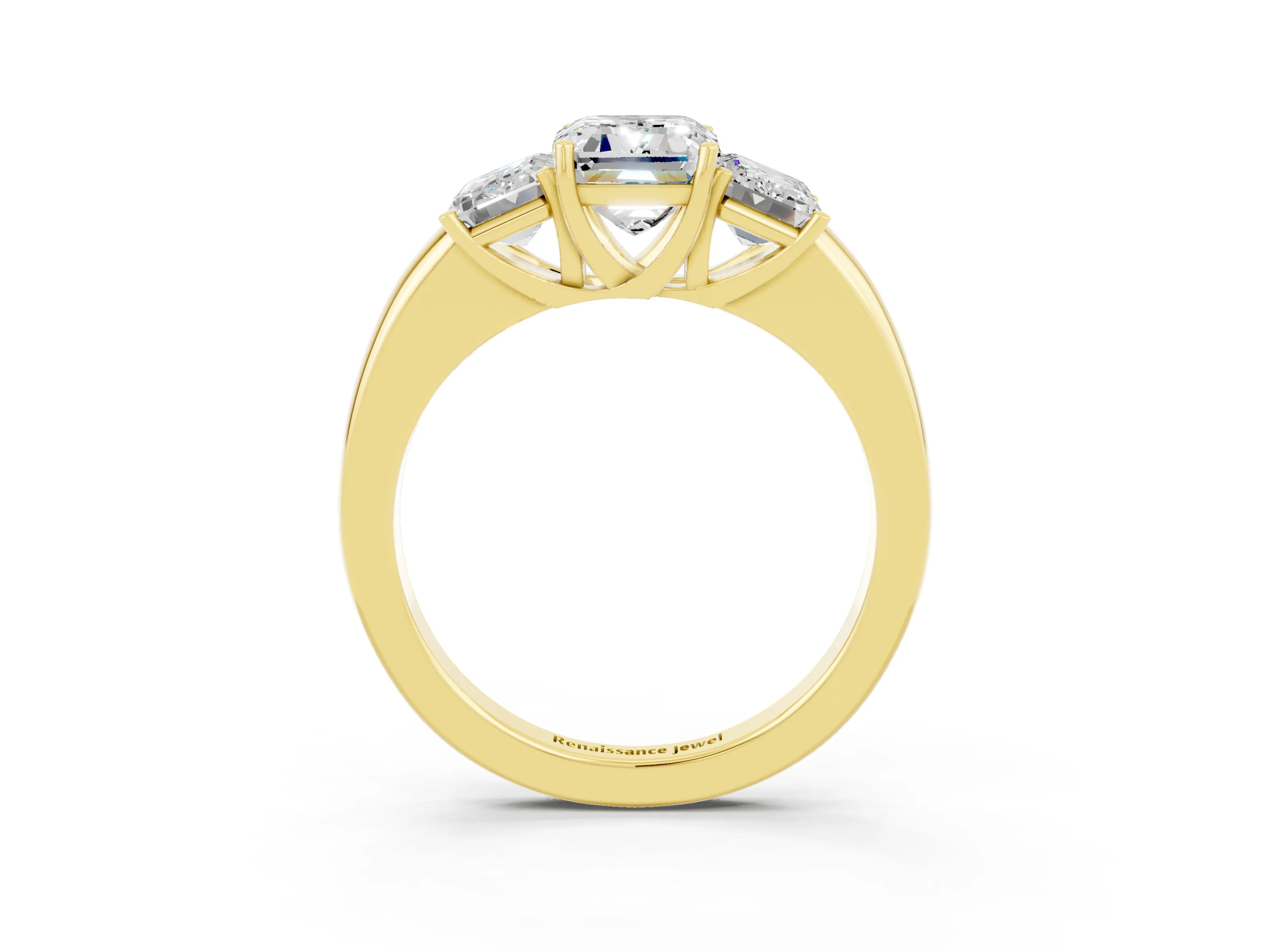 Yellow gold Emerald Cut Moissanite Three-Stone Ring with Four-Prong Setting and Classic Band_3
