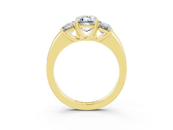 Yellow gold Emerald Cut Moissanite Three-Stone Ring with Four-Prong Setting and Classic Band