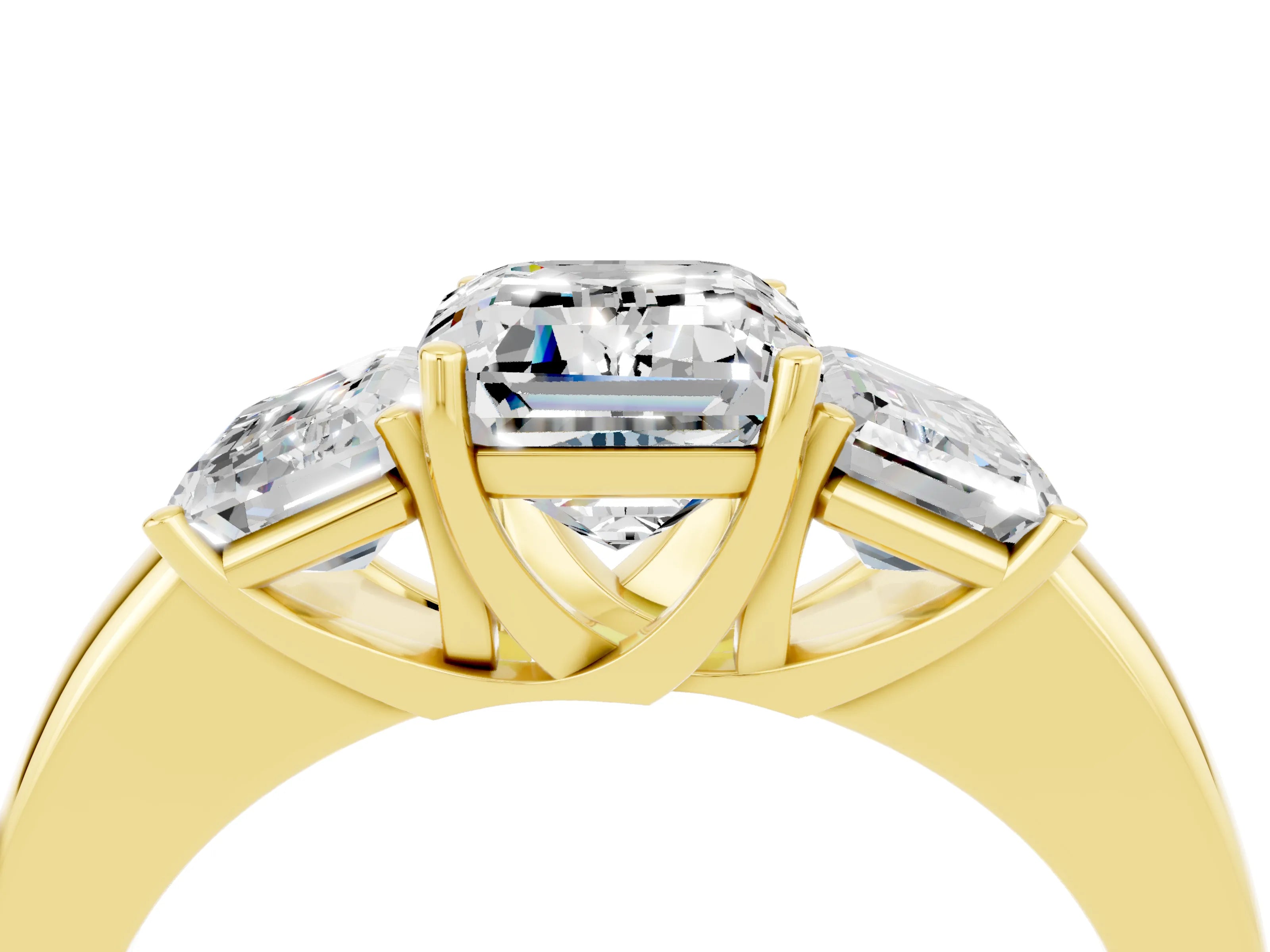 Yellow gold Emerald Cut Moissanite Three-Stone Ring with Four-Prong Setting and Classic Band_4