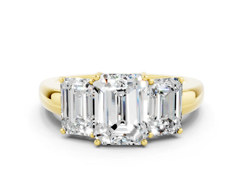 Yellow gold Emerald Cut Moissanite Three-Stone Ring with Four-Prong Setting and Classic Band