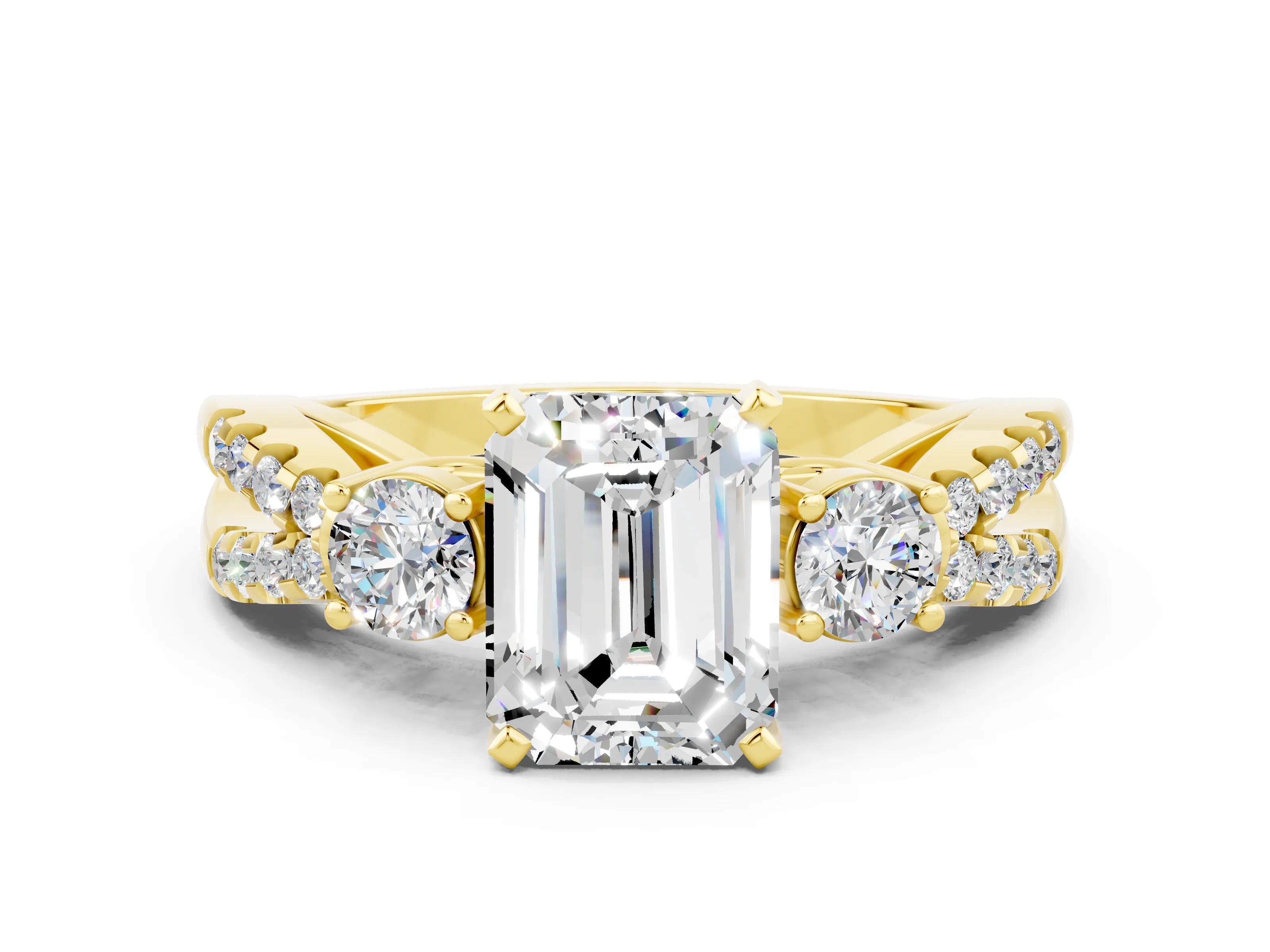 Yellow gold Emerald Cut Moissanite Three-Stone Ring with Pavé Split Shank and Four-Prong Setting