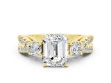 Yellow gold Emerald Cut Moissanite Three-Stone Ring with Pavé Split Shank and Four-Prong Setting