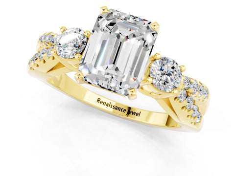 Yellow gold Emerald Cut Moissanite Three-Stone Ring with Pavé Split Shank and Four-Prong Setting_1