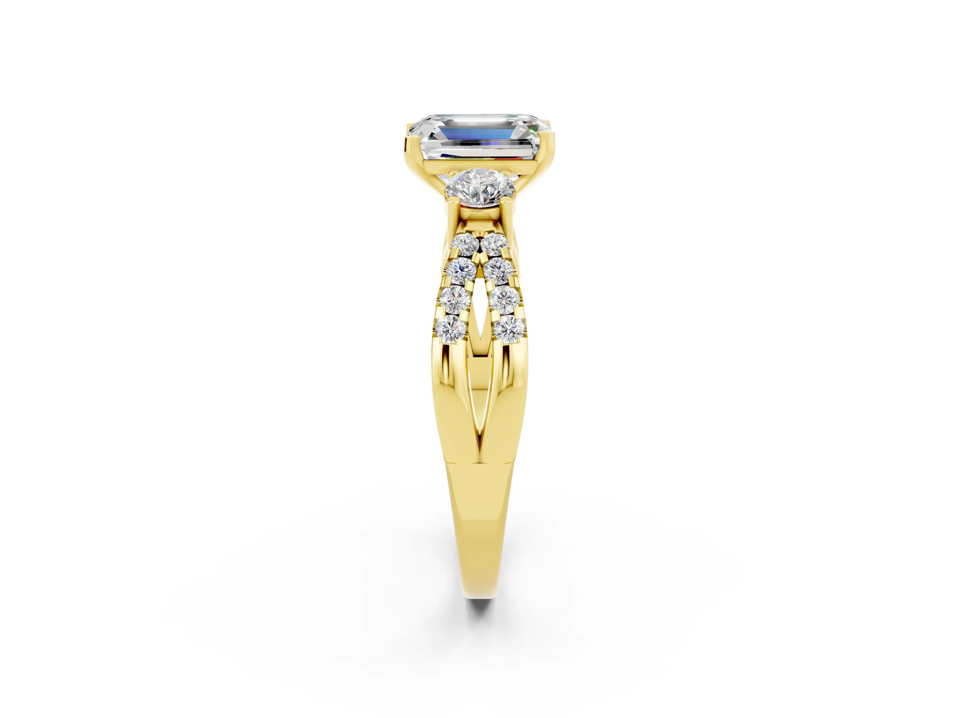Yellow gold Emerald Cut Moissanite Three-Stone Ring with Pavé Split Shank and Four-Prong Setting_2