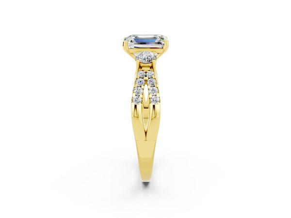 Yellow gold Emerald Cut Moissanite Three-Stone Ring with Pavé Split Shank and Four-Prong Setting