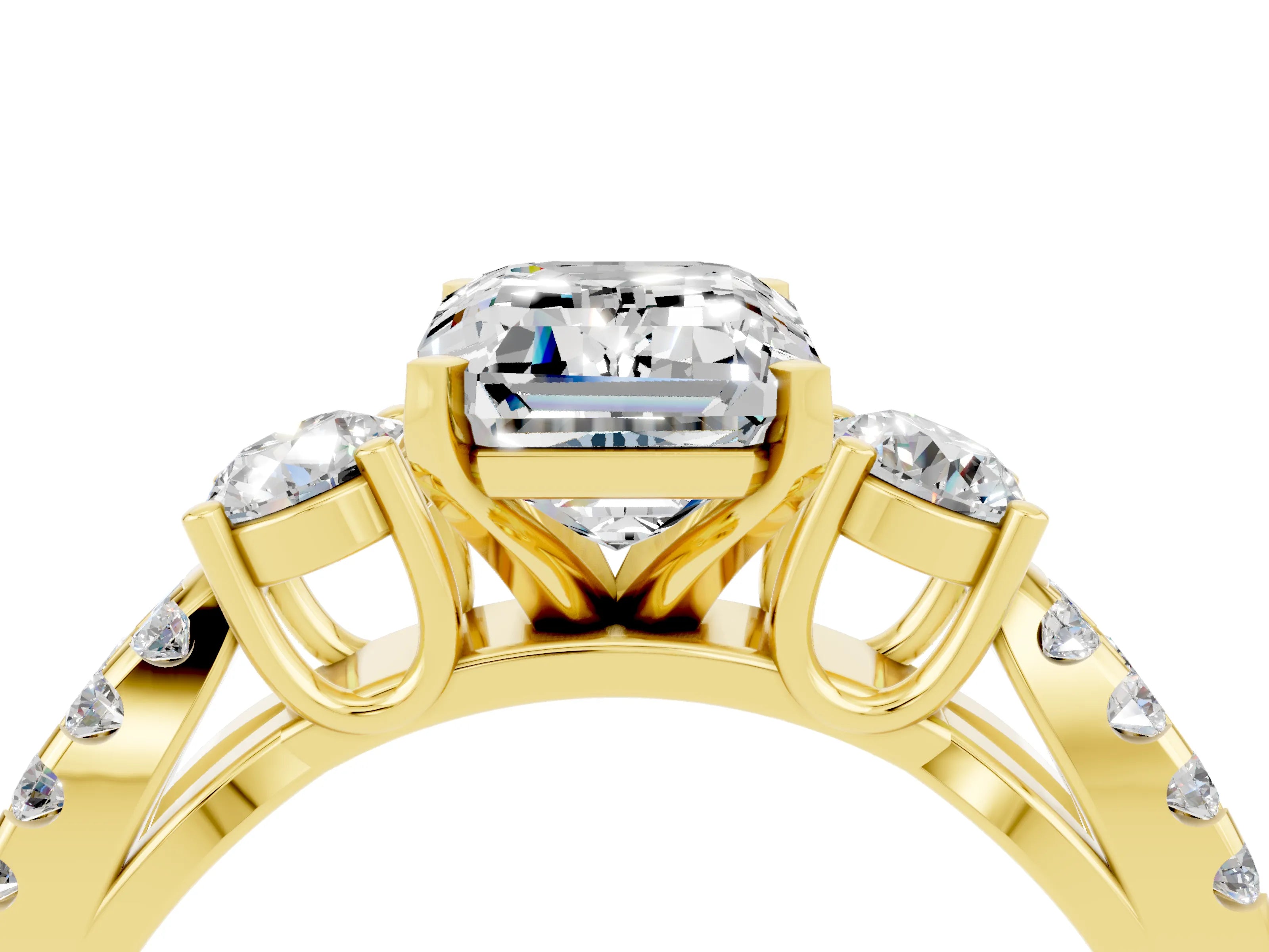 Yellow gold Emerald Cut Moissanite Three-Stone Ring with Pavé Split Shank and Four-Prong Setting_4