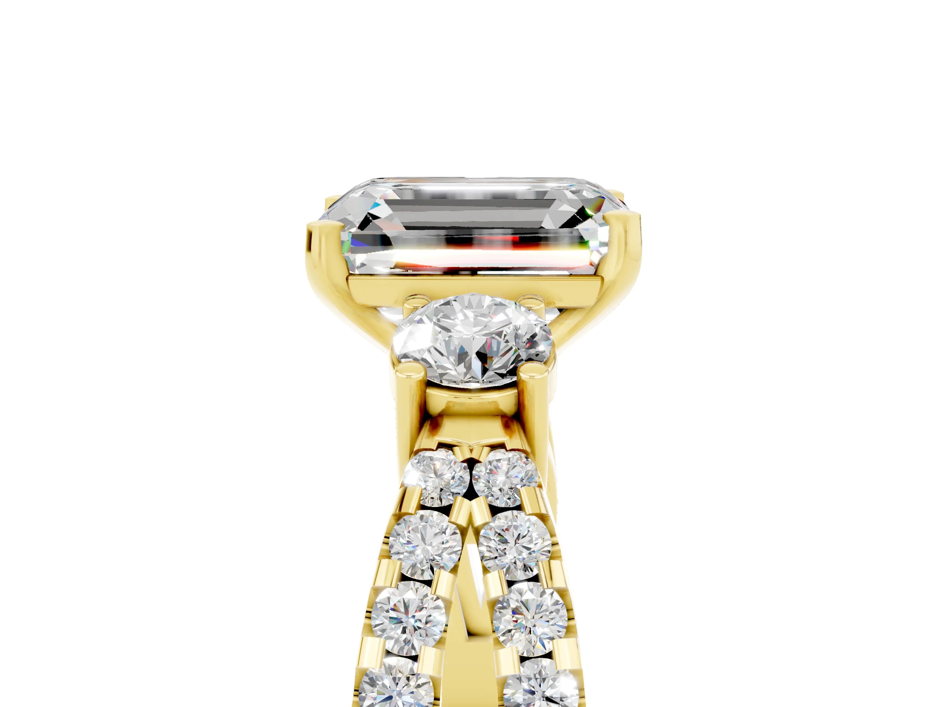 Yellow gold Emerald Cut Moissanite Three-Stone Ring with Pavé Split Shank and Four-Prong Setting_5