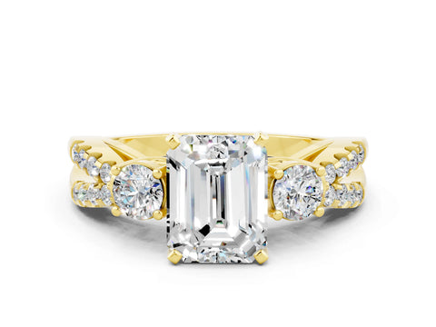 Yellow gold Emerald Cut Moissanite Three-Stone Ring with Pavé Split Shank and Four-Prong Setting