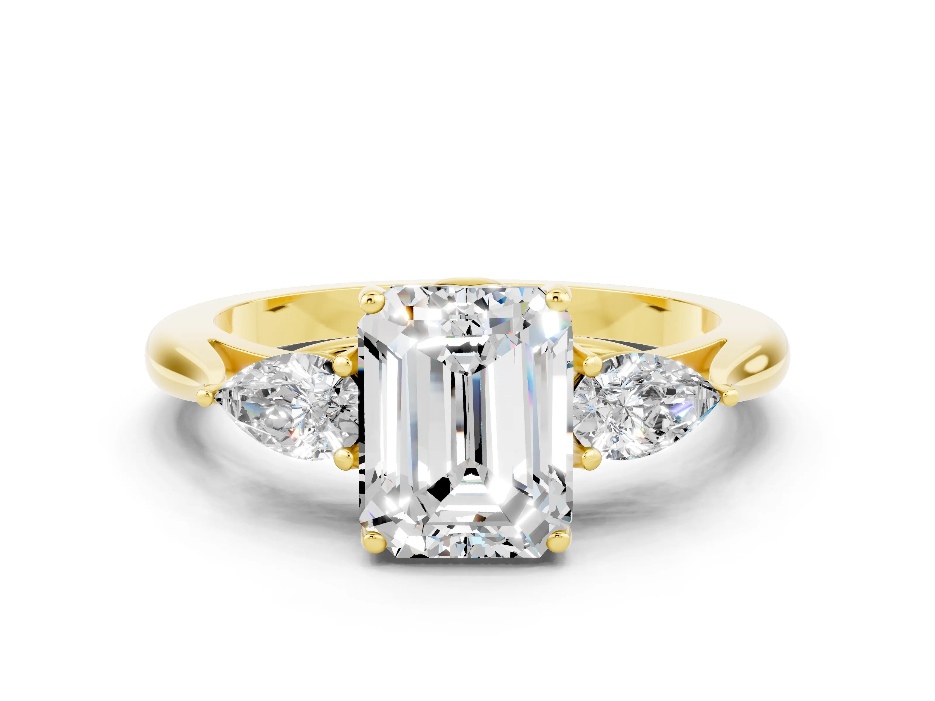 Yellow gold Emerald Cut Moissanite Three-Stone Ring with Pear Side Stones and Four-Prong Setting_12