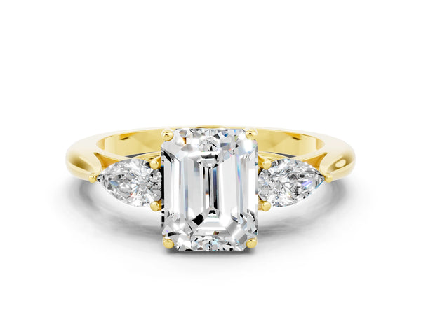 Yellow gold Emerald Cut Moissanite Three-Stone Ring with Pear  Side Stones and Prong Setting