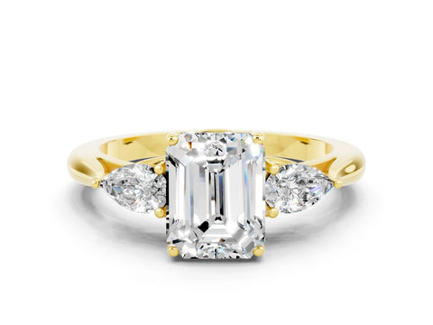 Yellow gold Emerald Cut Moissanite Three-Stone Ring with Pear Side Stones and Four-Prong Setting_12