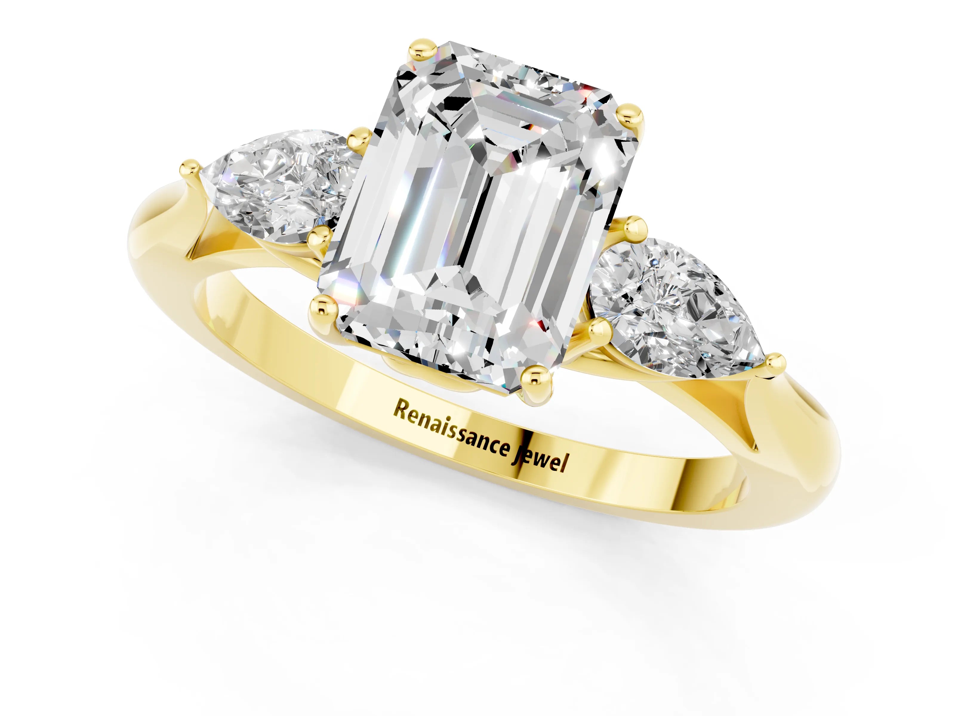 Yellow gold Emerald Cut Moissanite Three-Stone Ring with Pear Side Stones and Four-Prong Setting_13